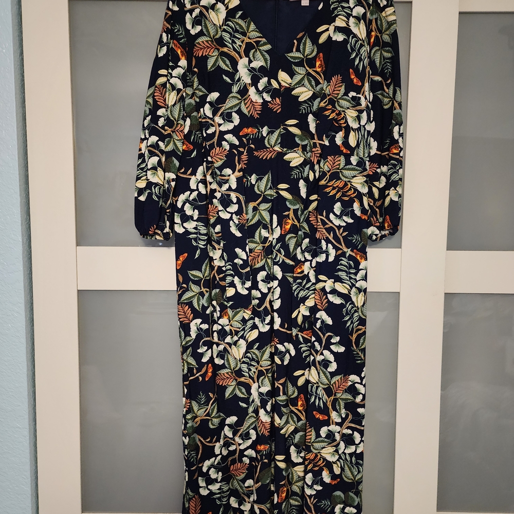 LOFT Navy Maxi Dress with Green & Orange Leaf Print